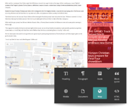 The Foundry editor with a story in progress and a block toolbar offering heading, paragraph, aside, block quote, media, document, map, and HTML blocks.