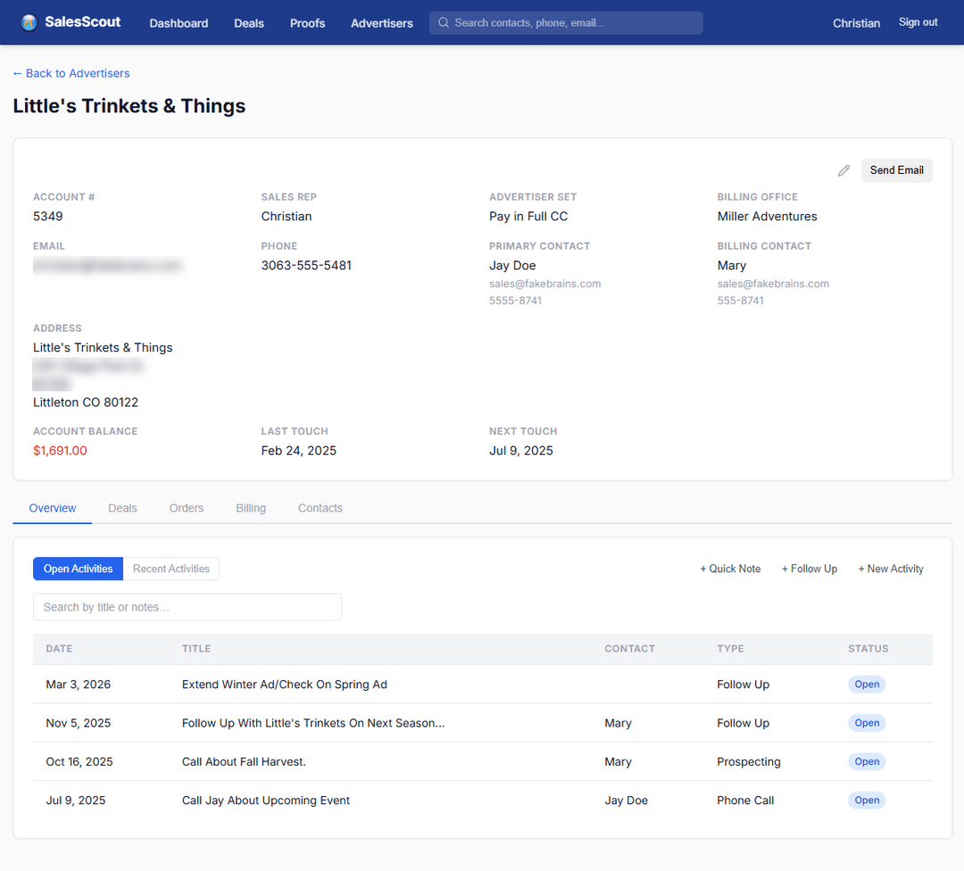 A SalesScout advertiser record: account number, sales rep, billing office and contacts across the top, then account balance, last touch and next touch dates, above a tabbed panel listing open activities by date, title, contact, type and status.