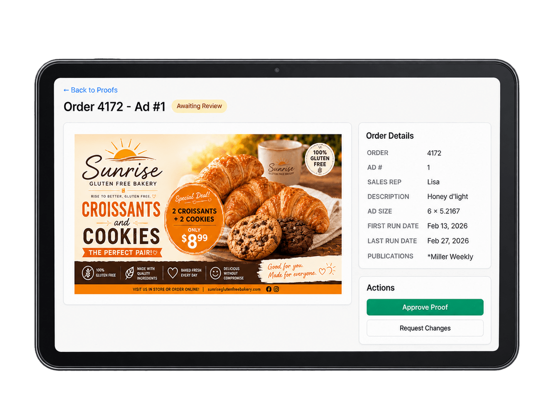 The Advertiser Portal proof review screen on a tablet: an order badged Awaiting Review, the finished ad shown full size, and beside it an order details panel listing the order number, sales rep, ad size, first and last run dates and the publication, above Approve Proof and Request Changes buttons.