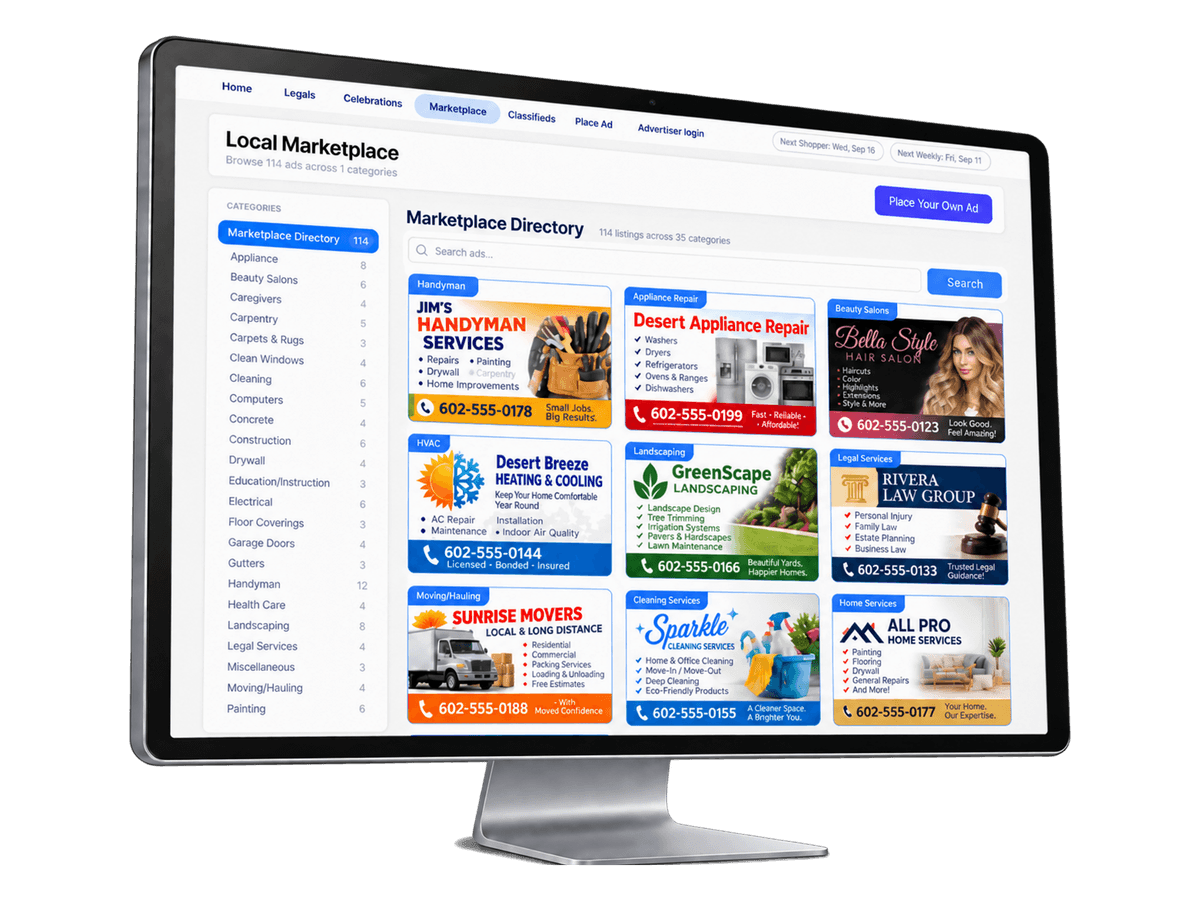 The ClassifiedScout marketplace on a desktop monitor: a Local Marketplace directory with a category rail down the left listing categories and their ad counts, a search box, a Place Your Own Ad button, and a grid of full-colour display ads for local trades - handyman, appliance repair, beauty salon, HVAC, landscaping, legal services, movers, cleaning, and home services - each carrying its own phone number.