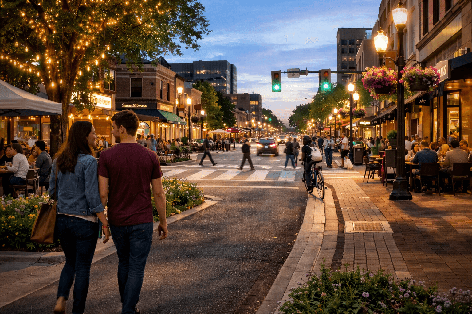 Main Street at dusk, where the first phase of the proposed streetscape work would begin.