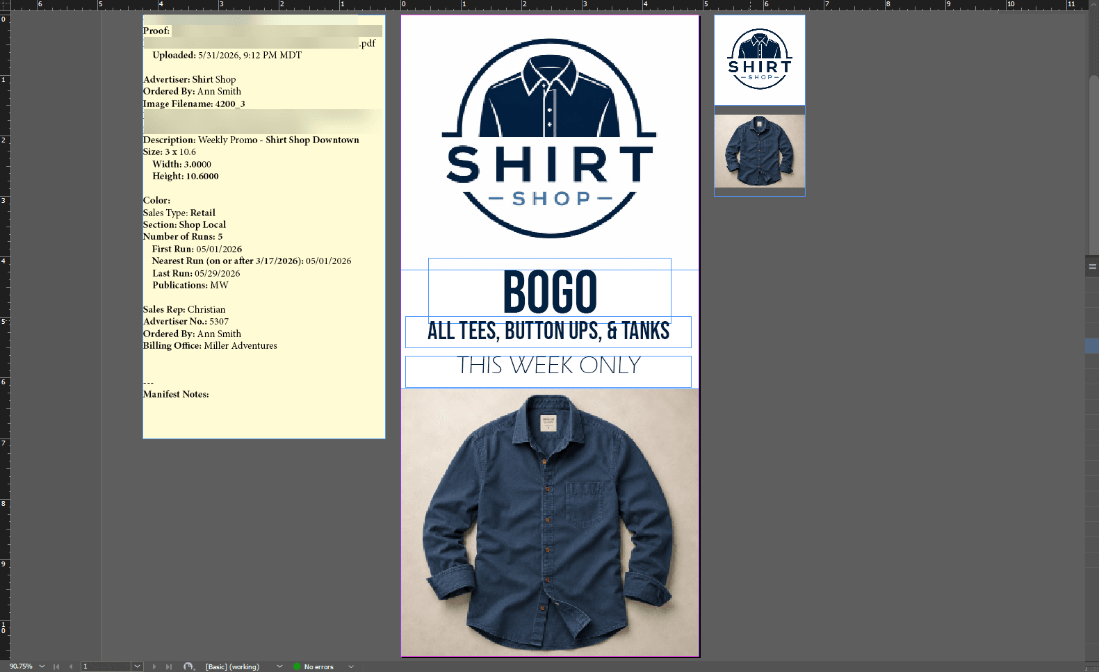 AdScout working inside Adobe InDesign: a panel of order detail on the left listing the advertiser, who ordered it, the ad size, section, number of runs and run dates; the ad itself being built in the centre from the advertiser's logo and product photograph; the linked assets beside it; and the AdScout script menu open on the right.