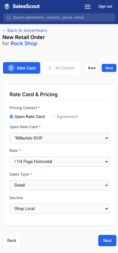 The SalesScout new retail order wizard on a phone, at the rate card step: pricing context set to open rate card, then the rate card, the rate, the sales type and the section, with back and next buttons and the remaining steps shown above.