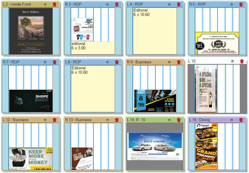 A detail of the PageScout page plan: a grid of page thumbnails, each labelled with its page number and section - inside front, ROP, business, dining - showing the booked display ads already positioned on the page beside the columns left for editorial.