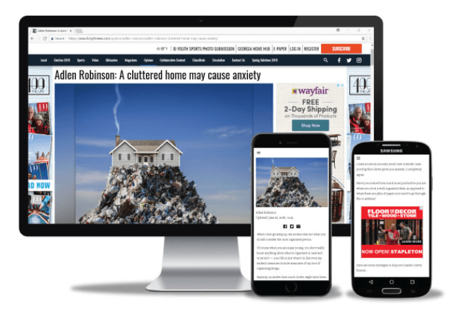 A Foundry-published news site shown on a desktop monitor, an iPhone and an Android phone at once: the same article, sections and display advertising reflowing to each screen.